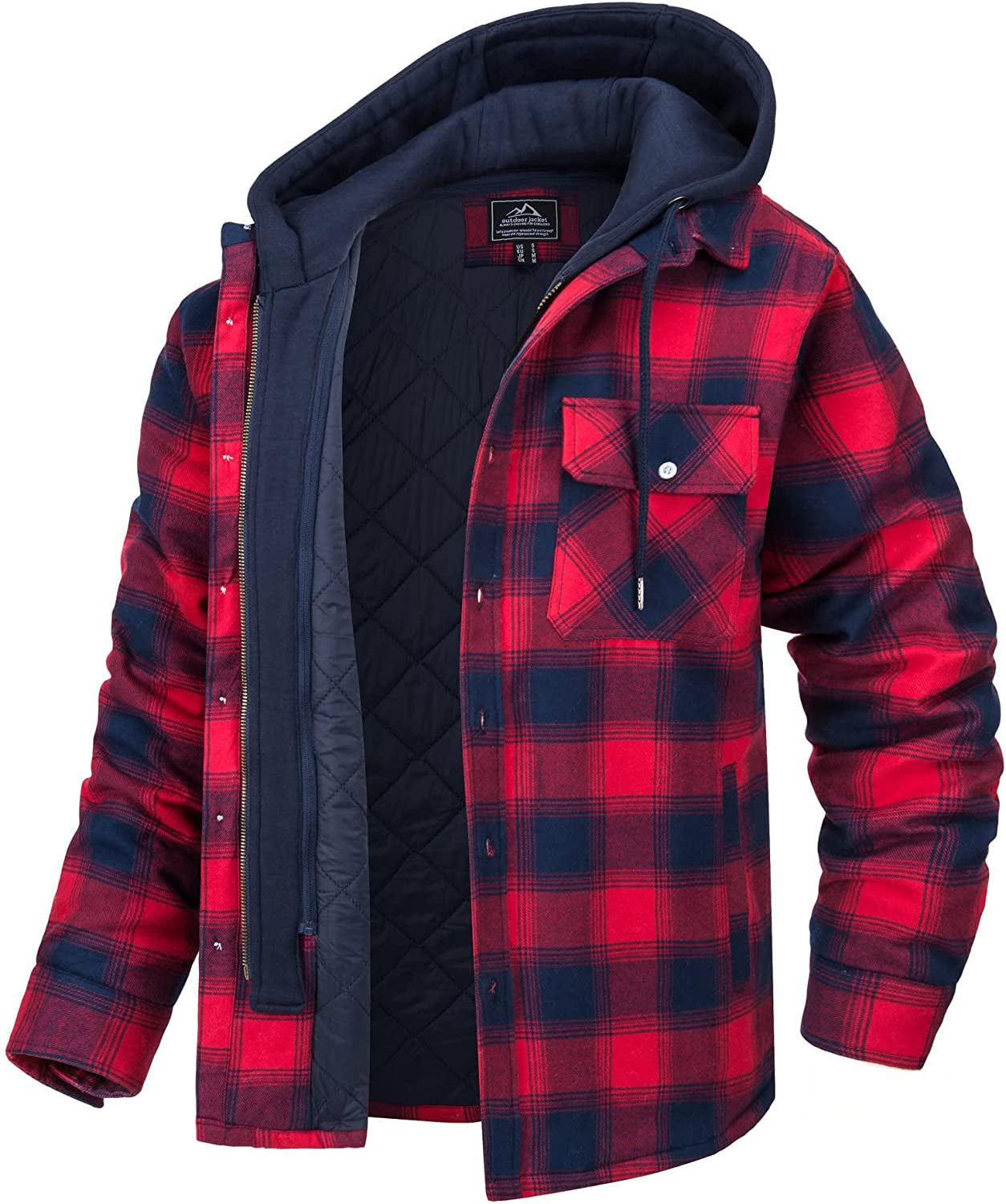 Giacca a quadri rossa e nera con cappuccio, imbottita e foderata, ideale per l'inverno. Stile casual, chiusura a bottoni, tasca frontale.
