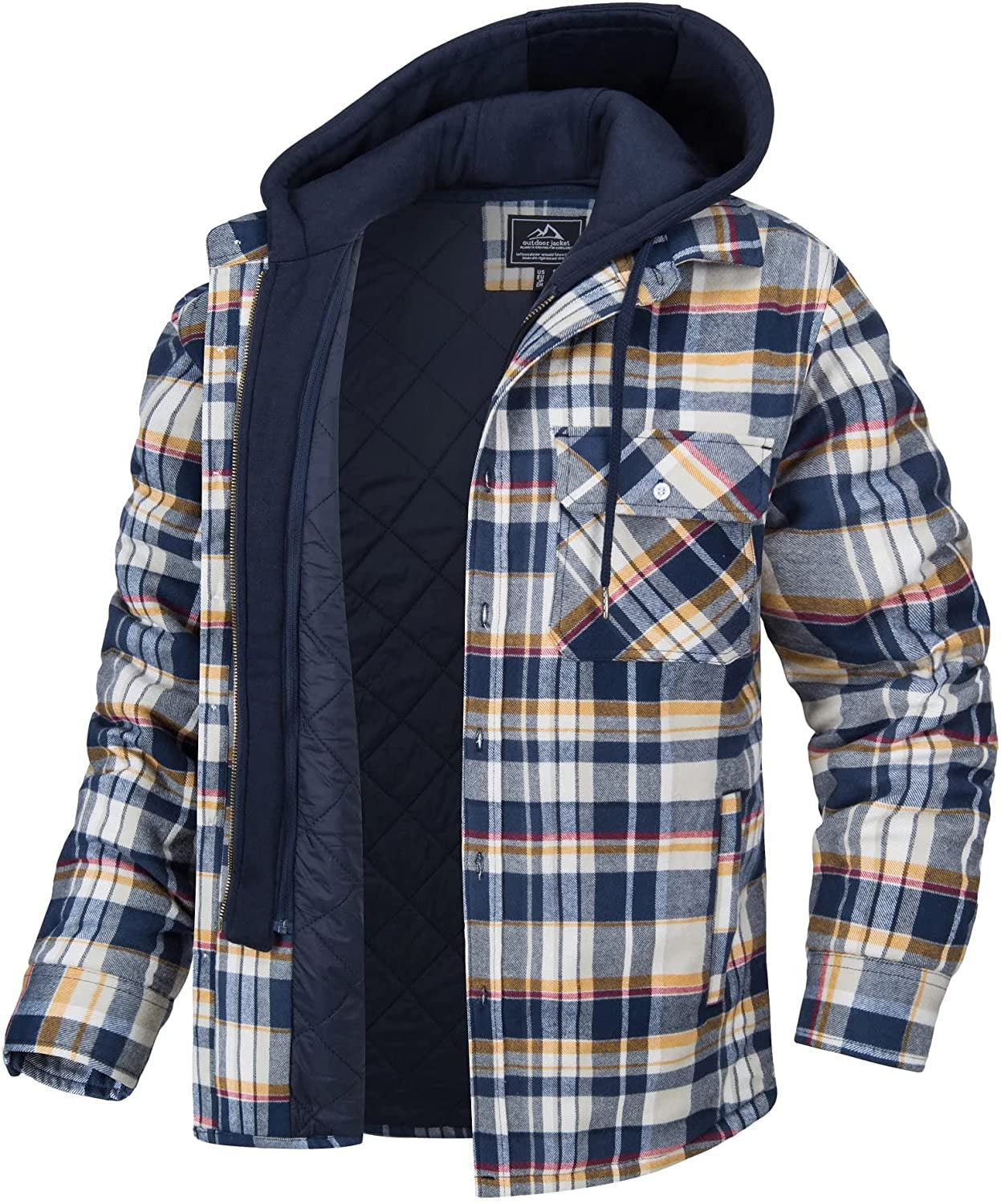 Camicia a quadri in flanella con cappuccio, imbottita e foderata, tasca frontale, colori blu, bianco e giallo. Abbigliamento invernale uomo.