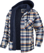 Camicia a quadri in flanella con cappuccio, imbottita e foderata, tasca frontale, colori blu, bianco e giallo. Abbigliamento invernale uomo.