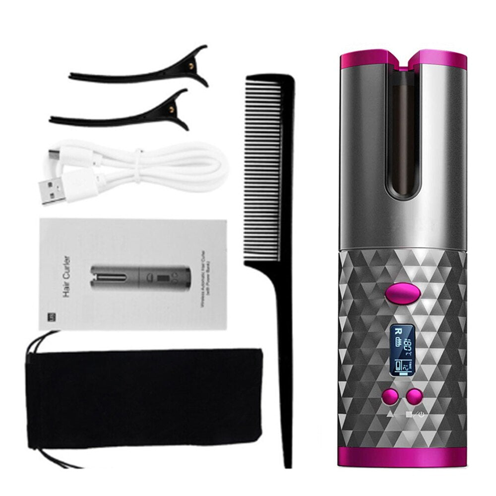 Arricciacapelli automatico senza fili con display LCD, pettine, cavo USB, pinze e custodia. Strumento styling capelli portatile e ricaricabile.