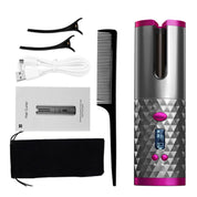 Arricciacapelli automatico senza fili con display LCD, pettine, cavo USB, pinze e custodia. Strumento styling capelli portatile e ricaricabile.