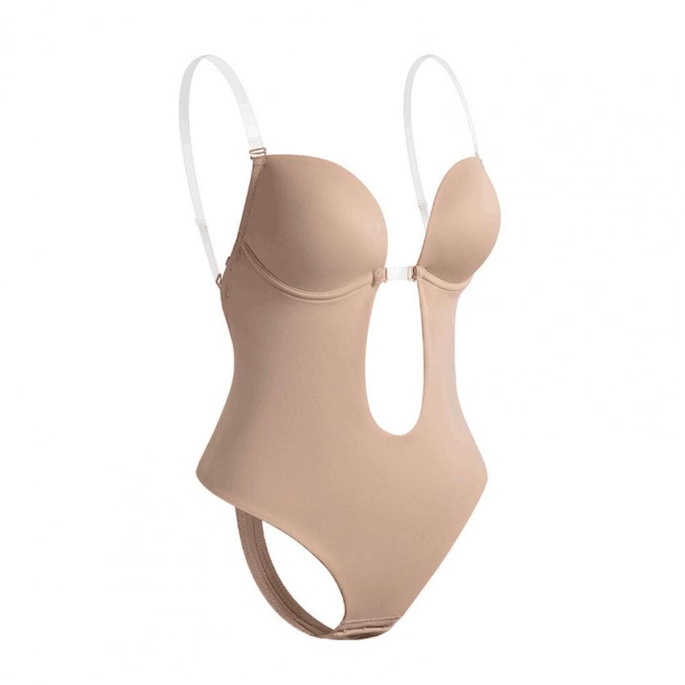 Body shaper donna color carne, design senza schienale, spalline regolabili, coppe imbottite, ideale per abiti scollati, intimo modellante.