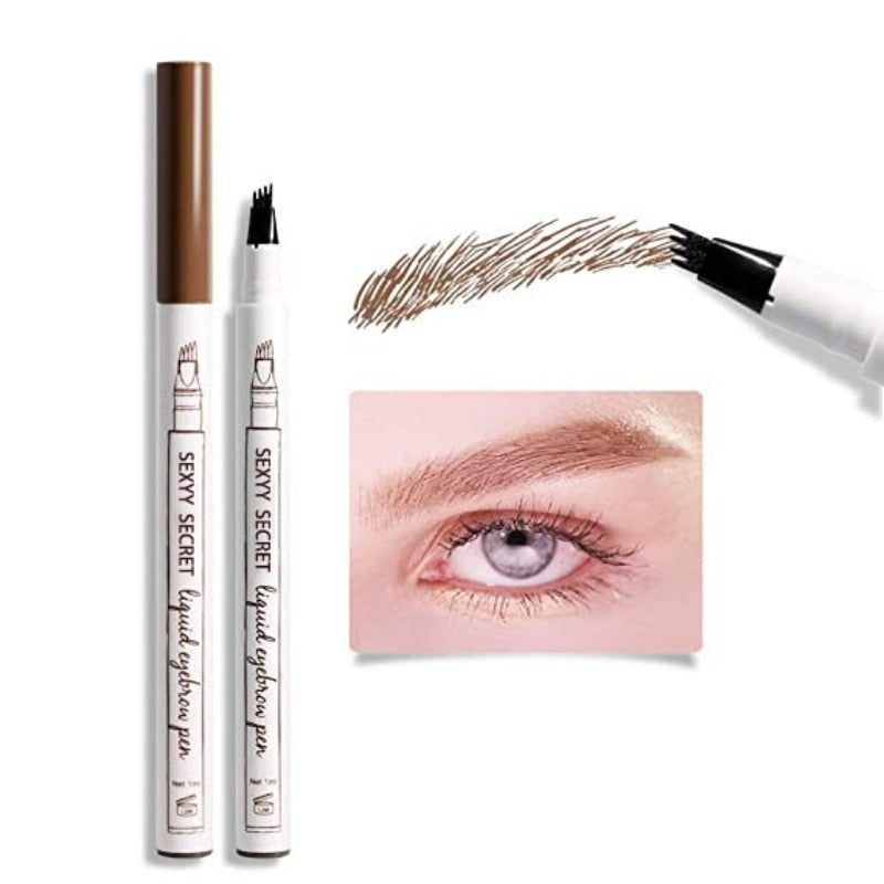 Penna per sopracciglia liquida marrone, applicatore a punta fine, trucco waterproof, immagine dimostrativa sopracciglia definite, cosmetici di bellezza.