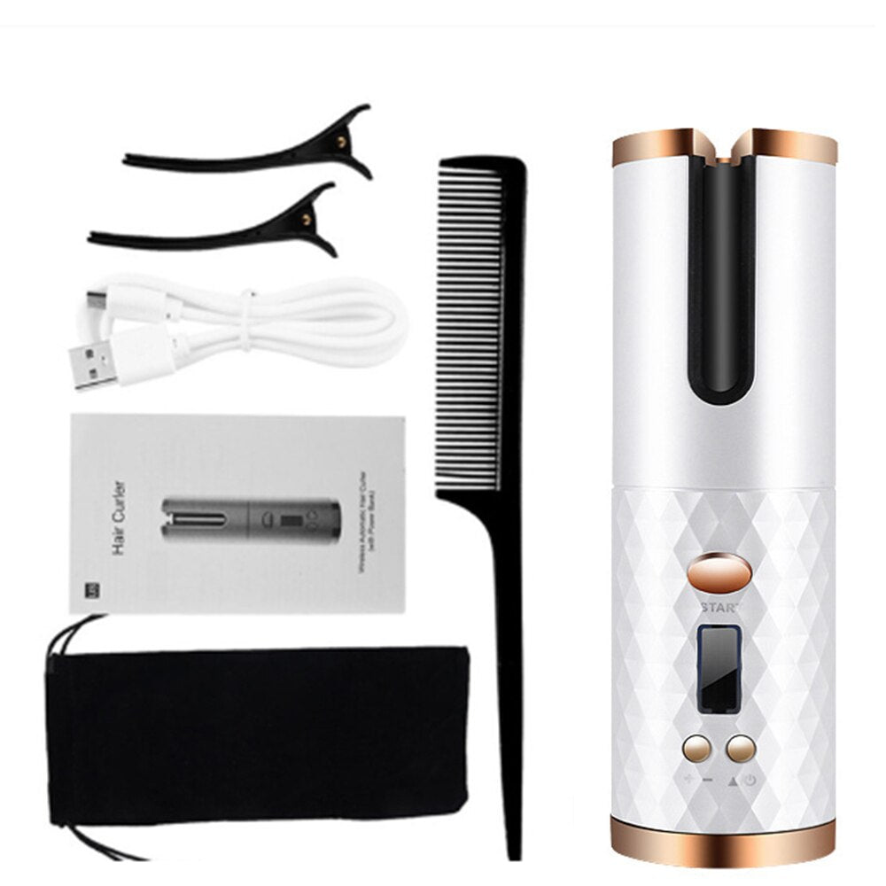 Arricciacapelli automatico bianco con accessori: pettine, pinze, cavo USB, manuale e custodia. Strumento styling capelli portatile e senza fili.