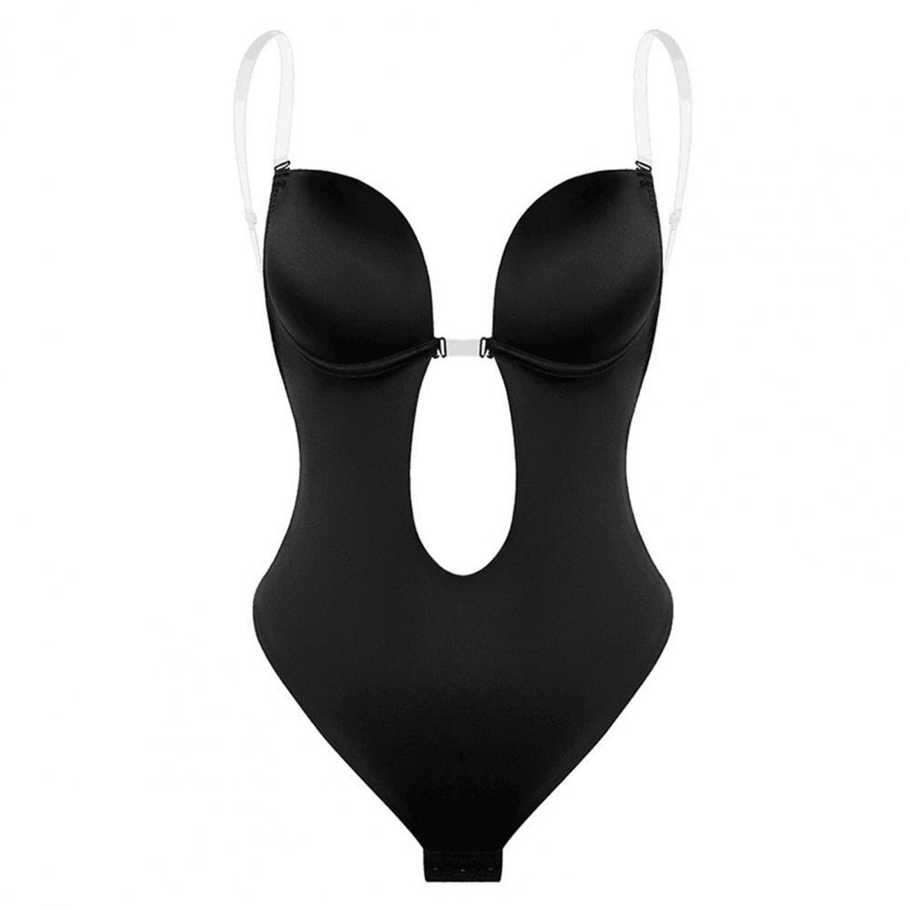 Body nero senza schienale con coppe push-up, spalline regolabili e design a cuore. Intimo modellante elegante per donna.