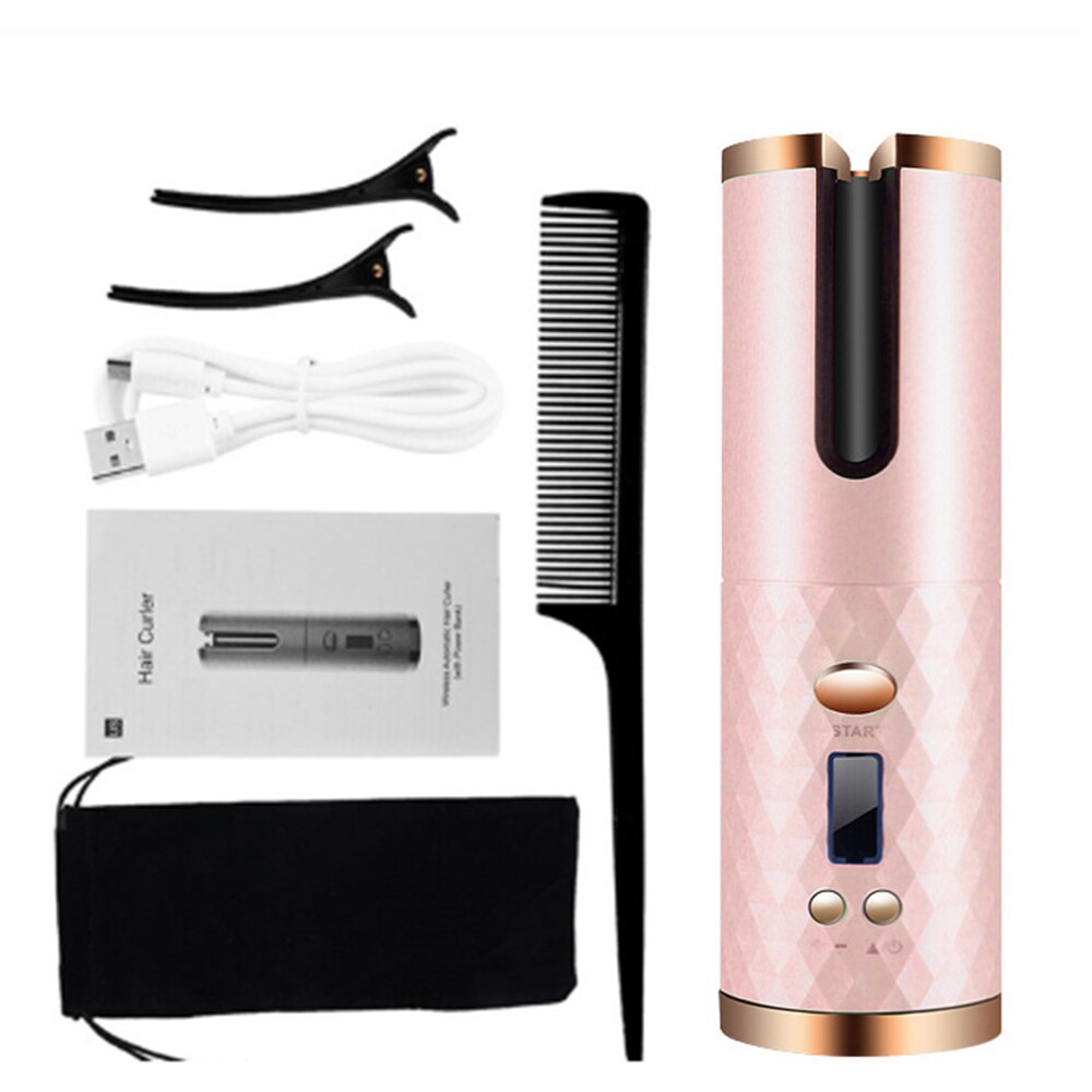 Arricciacapelli automatico rosa con display digitale, pettine nero, due clip, cavo USB, manuale e custodia. Strumento styling capelli portatile.