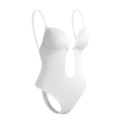 Body bianco senza schienale, design innovativo, spalline regolabili, ideale per abiti scollati. Intimo femminile elegante e confortevole.
