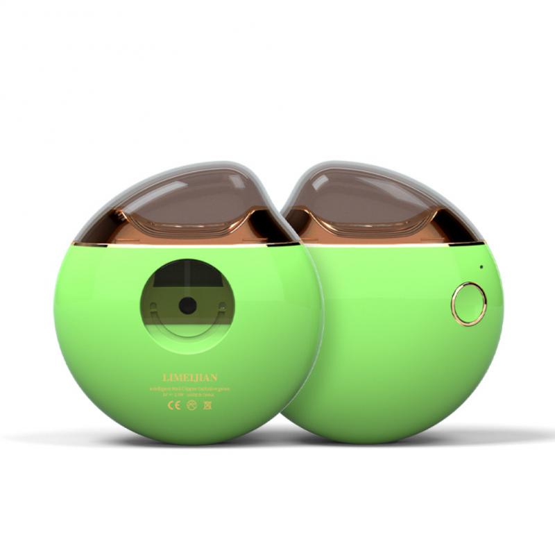 Umidificatore portatile verde a forma di disco, design moderno con dettagli dorati, ideale per casa e ufficio. Accessorio per migliorare l'aria.