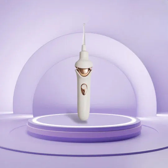 Spazzolino elettrico bianco su piedistallo viola, design moderno, sfondo minimalista. Accessorio per igiene orale, cura dentale avanzata.