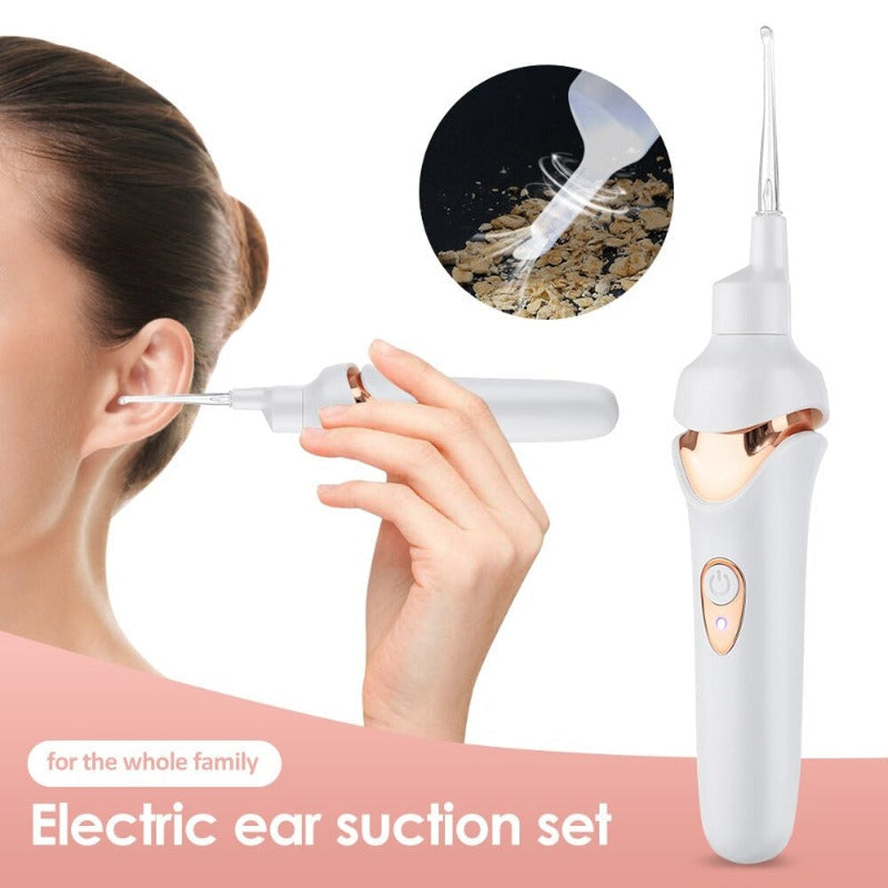 Set aspirazione cerume elettrico, dispositivo bianco con dettagli dorati, utilizzato per la pulizia dell'orecchio. Adatto a tutta la famiglia.
