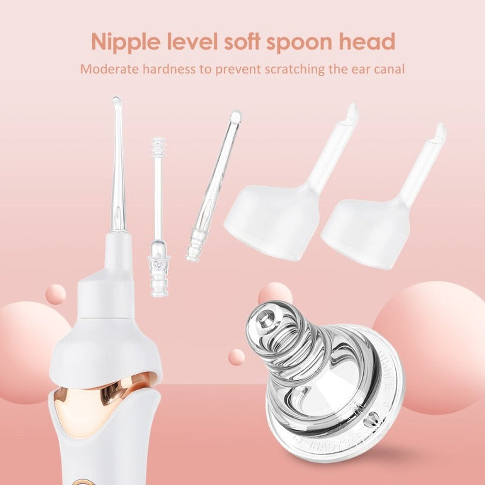 Set di strumenti per la pulizia delle orecchie, include cucchiai morbidi e testine intercambiabili, design ergonomico, prevenzione graffi, colore bianco e oro.