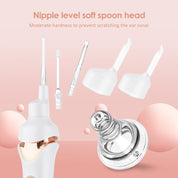 Set di strumenti per la pulizia delle orecchie, include cucchiai morbidi e testine intercambiabili, design ergonomico, prevenzione graffi, colore bianco e oro.