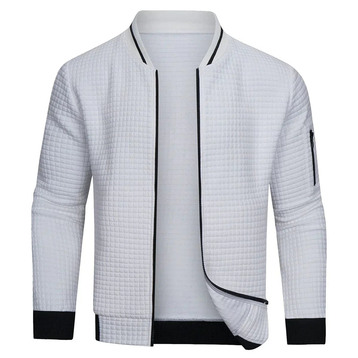 Giacca bomber bianca trapuntata da uomo, maniche lunghe, zip laterale, stile casual, moda autunno-inverno, tessuto leggero e confortevole.