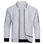 Giacca bomber bianca trapuntata da uomo, maniche lunghe, zip laterale, stile casual, moda autunno-inverno, tessuto leggero e confortevole.