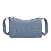 Borsa a tracolla in pelle blu, design geometrico, cuciture bianche, moda donna, accessorio elegante, stile contemporaneo, shopping online.
