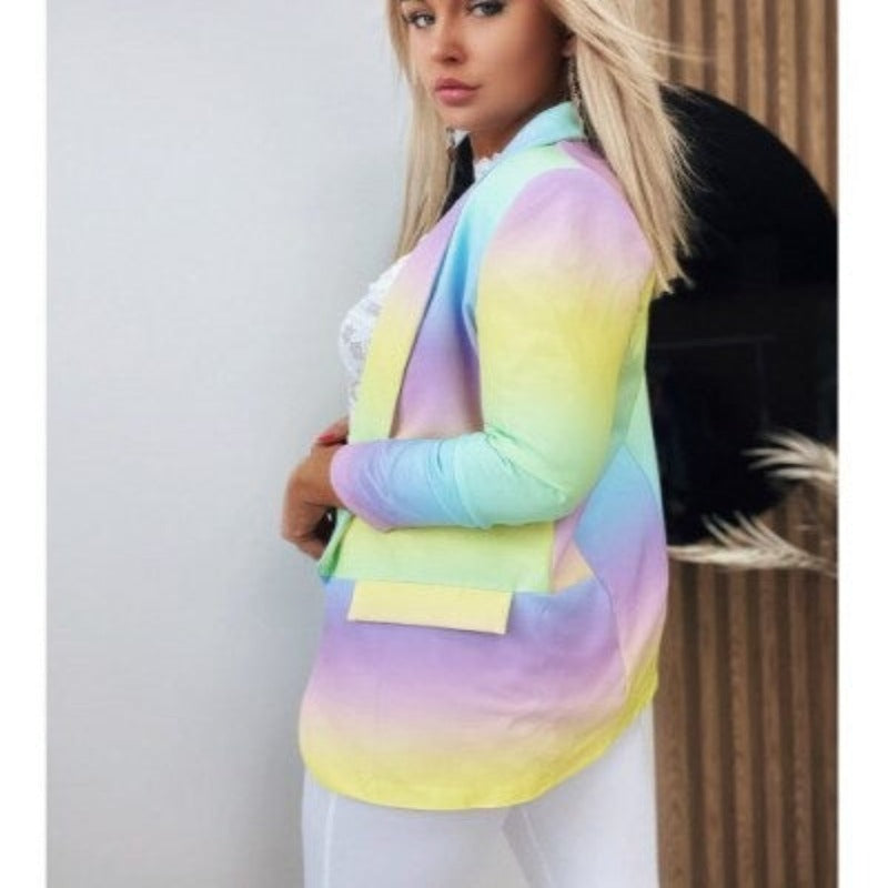 Giacca donna multicolore pastello, design sfumato, maniche lunghe, stile casual elegante, perfetta per moda primavera estate.