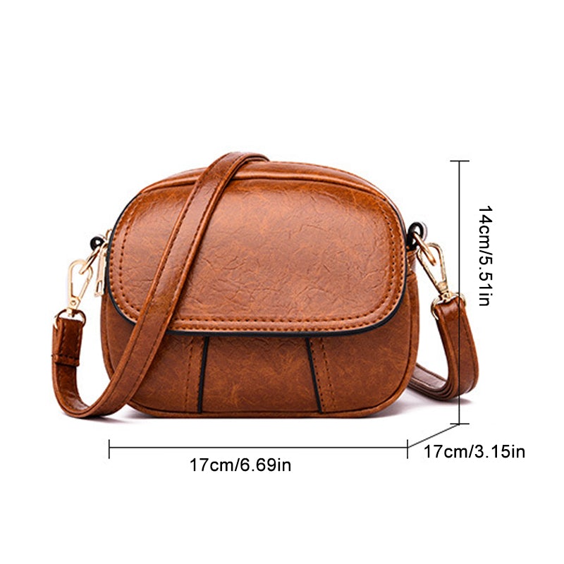 Borsa a tracolla in pelle marrone, dimensioni 17x14 cm, design compatto ed elegante, ideale per moda donna, accessori casual e quotidiani.