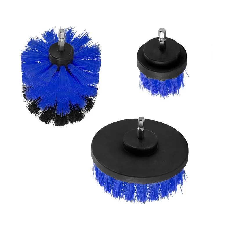 Set di spazzole rotanti blu per trapano, tre dimensioni, setole in nylon, ideale per pulizia profonda di superfici dure, bagno, cucina, piastrelle.