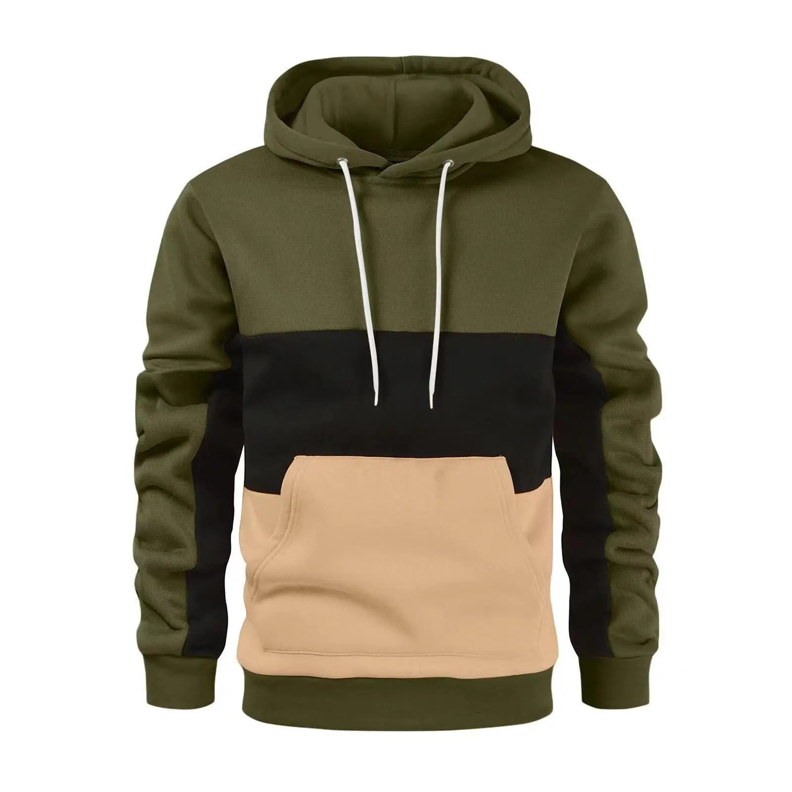 Felpa con cappuccio a blocchi di colore verde, nero e beige, tasca frontale, cordini bianchi. Stile casual, moda uomo, abbigliamento autunnale.
